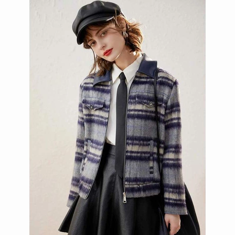 Urban Outdoor Look Durable Corrosion Resistant Zippers Vintage Plaid Turn-Down Collar Jacket