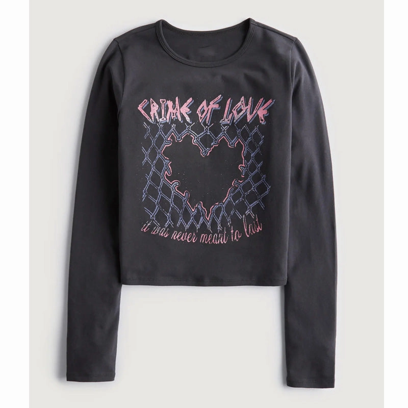 Vintage Printed Pea Green Bottom Long-sleeved T-shirt For Women Street Appeal