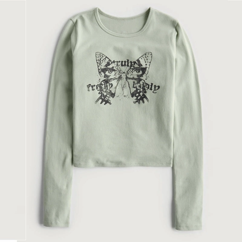 Winter Energy Vintage Printed Pea Green Bottom Long-sleeved T-shirt For Women