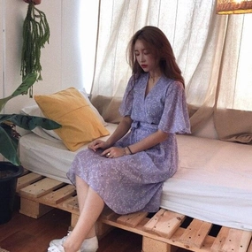 Everyday-Use Vintage Romantic V-neck Lace Floral Chiffon Dress