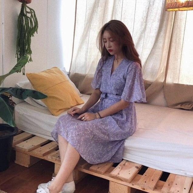 Everyday-Use Vintage Romantic V-neck Lace Floral Chiffon Dress