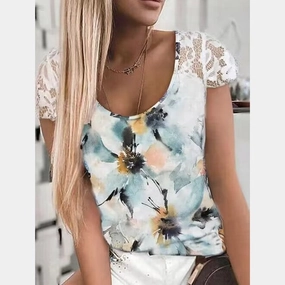 color block Casual Look Casual Lace Short Sleeve Positioning Printed T-shirt