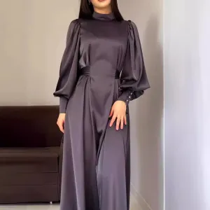 Versatile and Comfortable Front Detail Waist Solid Color Long Sleeve Slim Fit Belt Retro Dress