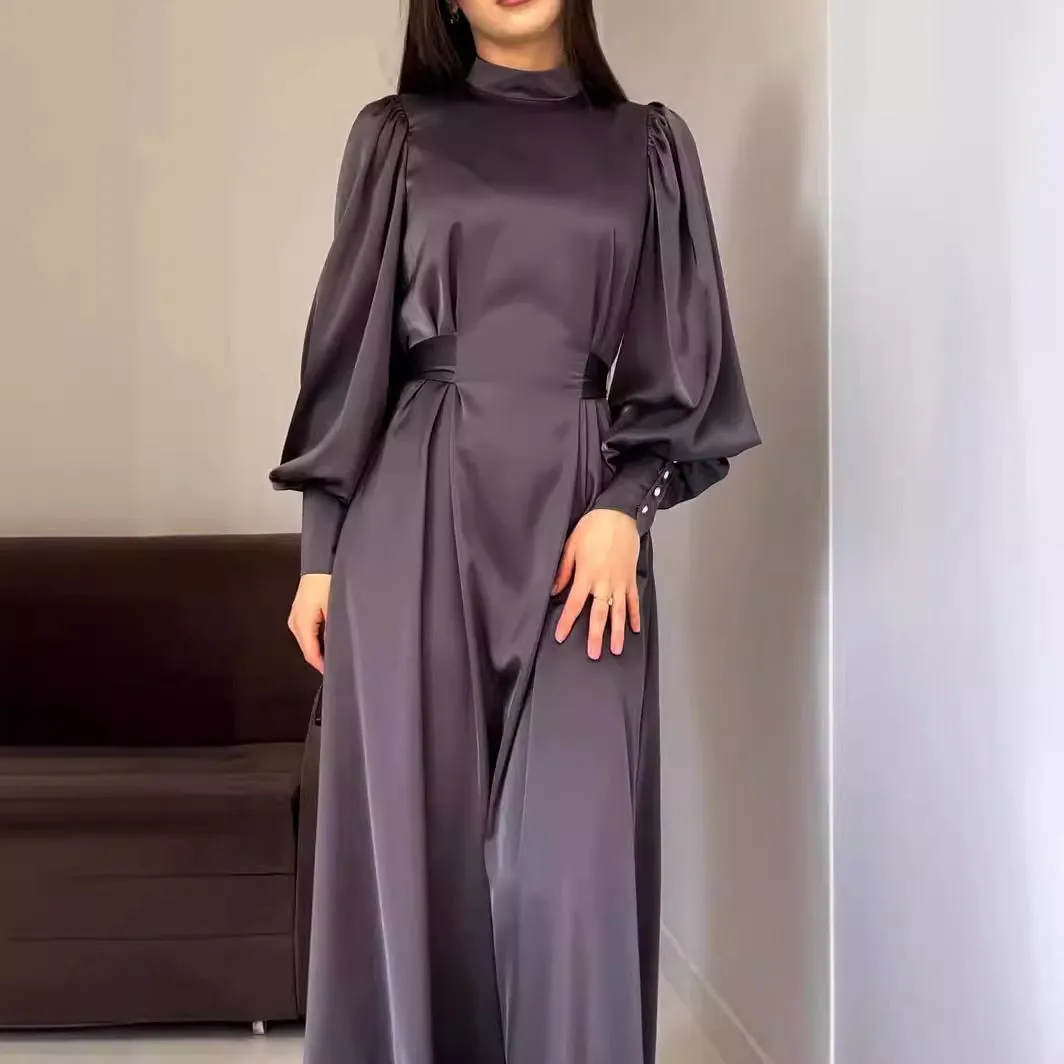 Waist Solid Color Long Sleeve Slim Fit Belt Retro Dress Evening Event