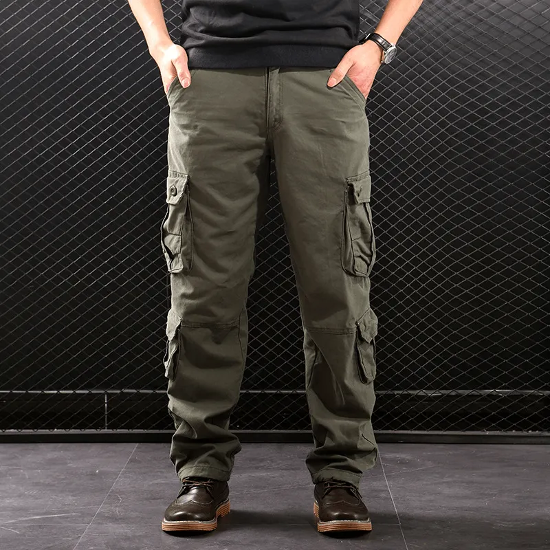 Middle-Aged Straight Leg Multi-Pocket Cargo Trousers Work Essential