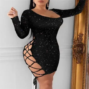 Layered-Sleeve Comfy Detail Skinny laser sequins colorful reflective dress