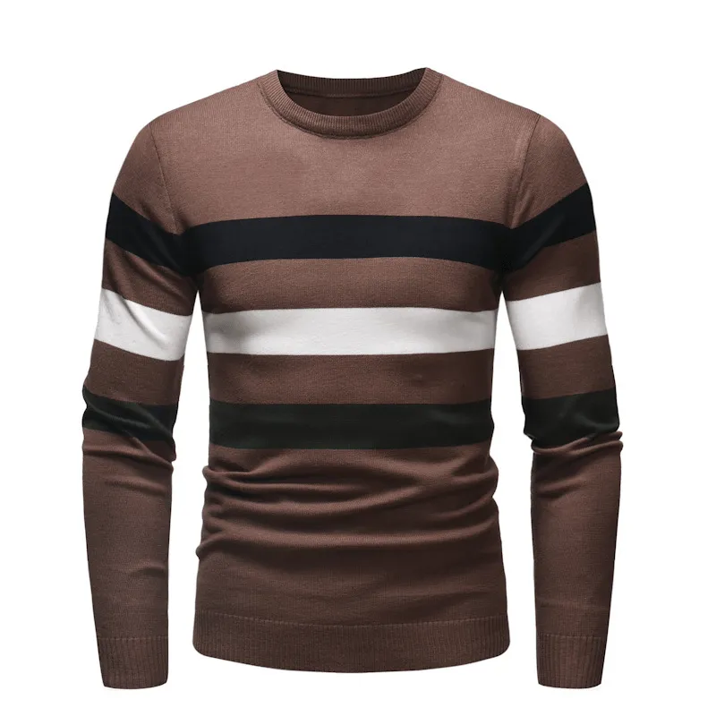 Roomy Waist Warm Outfit New round Neck Sweater Men'S Striped Color Blocking Slim Fit Sweater