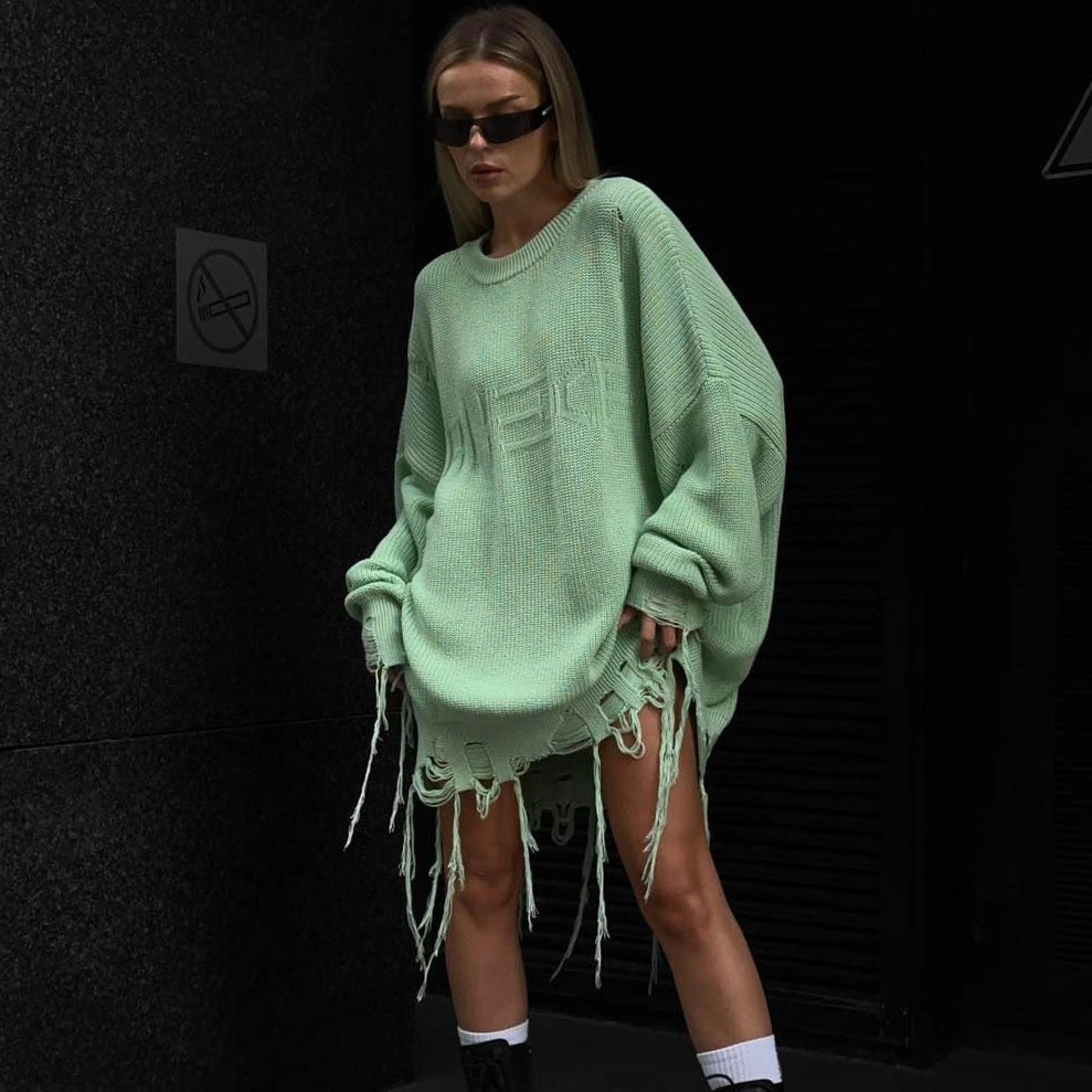 Bias Cut Hem Details Soft Knit Design Women's Fashionable Loose All-match Letter Hand Frayed Tassel Long Sleeve Top
