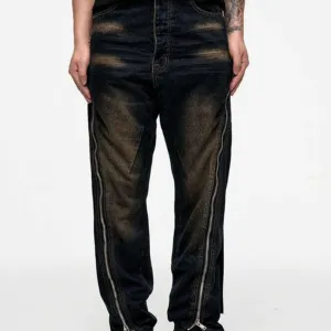 Washed Distressed Double-open Loose Zip Flared Jeans All Time Basic Youth Style Stylish Road Trip