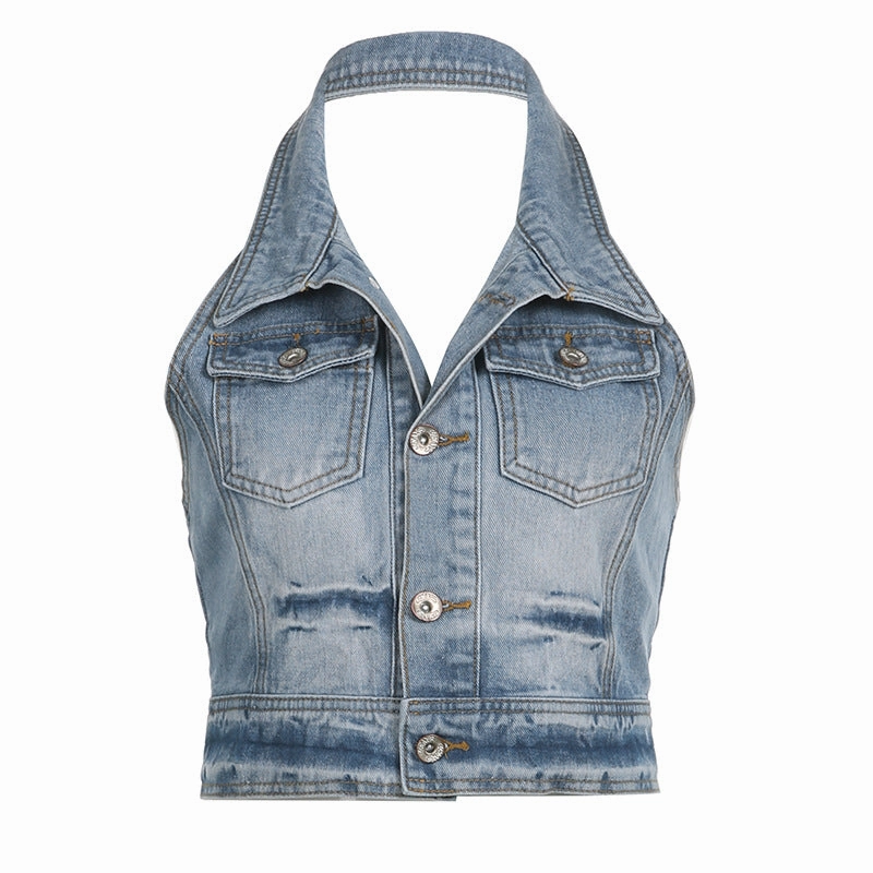 Multi Layer Stitching Washed Wear White Personality Clinch Halter Denim Vest