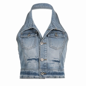 youth trend Washed Wear White Personality Clinch Halter Denim Vest