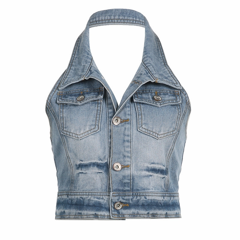 youth trend Washed Wear White Personality Clinch Halter Denim Vest