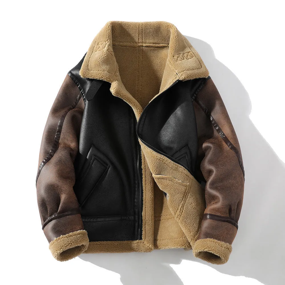 Winter Leather And Fur Jacket Men's Loose Lapels Color Matching Lamb Wool Velvet Padded Thickened Coat Pre Shrunk Cotton Blend No Smell