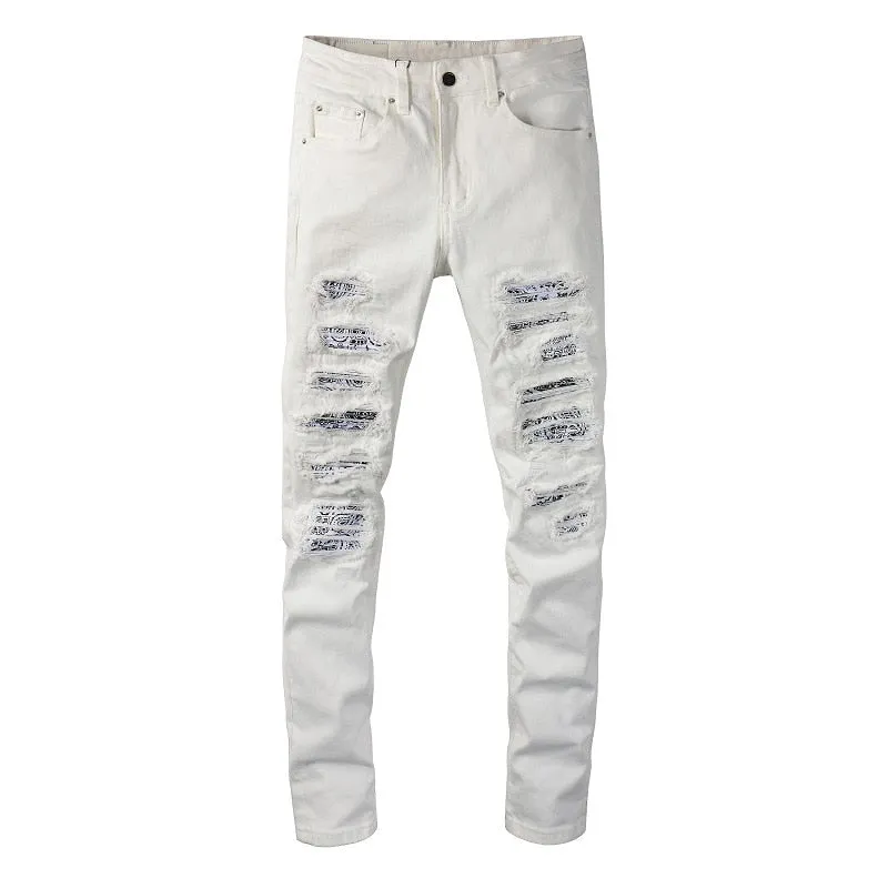 StretchFabric ZipClosure White Bandana Jeans