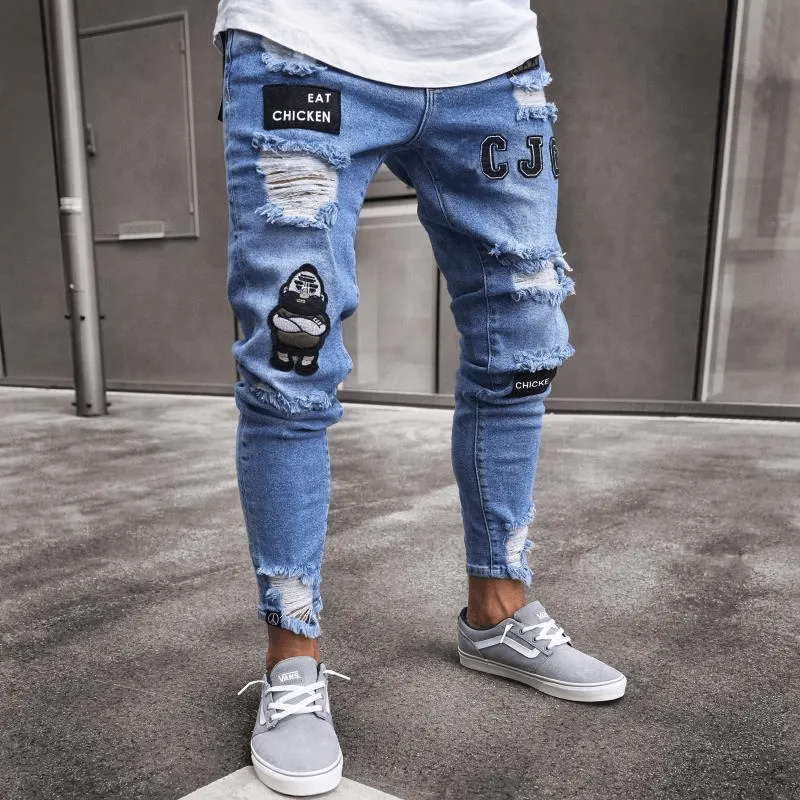 White High-End Denim Men'S Trousers Cross-Border Foreign Trade Hole Trend Black Slim Jeans Men High Density Weave
