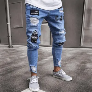 White High-End Denim Men'S Trousers Cross-Border Foreign Trade Hole Trend Black Slim Jeans Men Chic Appeal Layered Protection