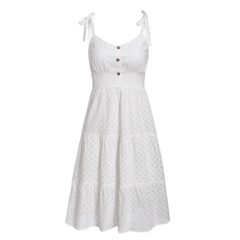 White lace hole embroidery solid color strap dress Sheer Element Easy-Storage
