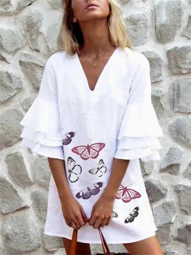 Travel-Style Short dress with printed V-neck