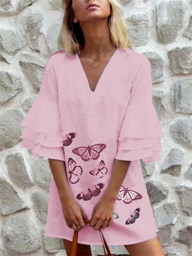 Short dress with printed V-neck Perfect Look Casual Waist