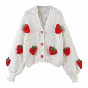Breathable Stretch Women's Mohair Thick Knitted Cardigan Sweater V-neck Lantern Sleeve