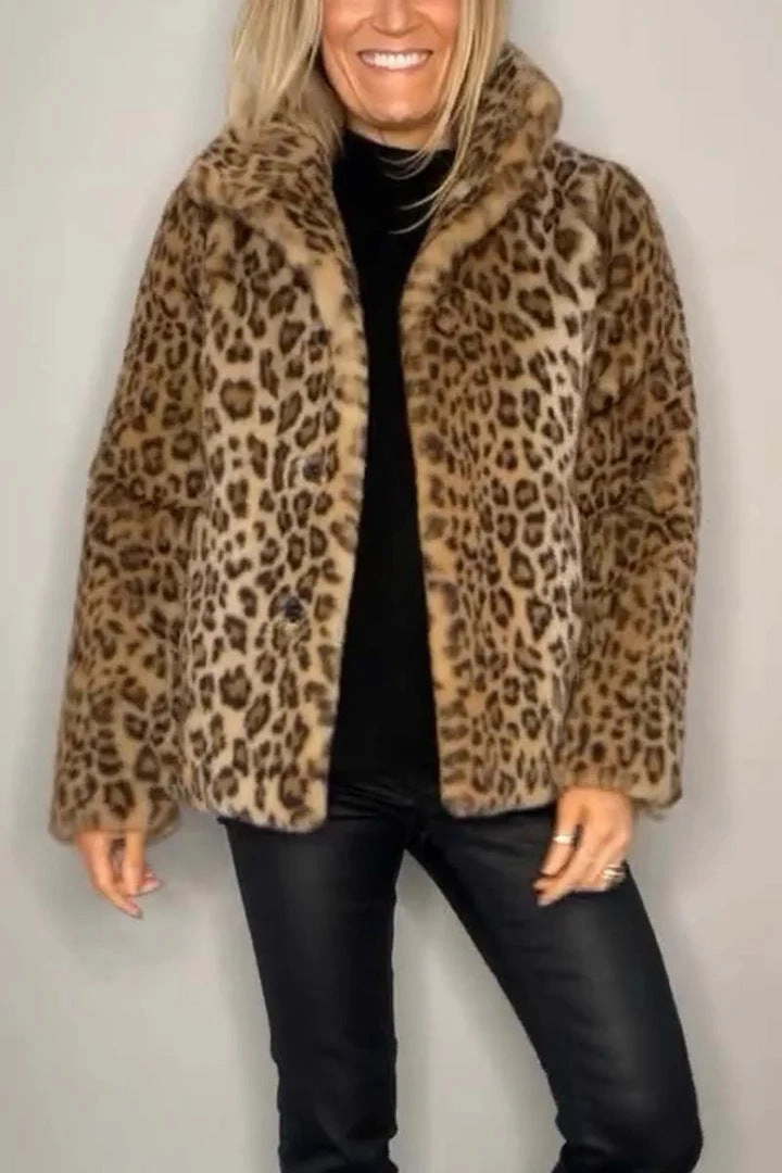 Noise Reduciting Fabric Winter New Women's Fashionable Leopard Print Lapel Faux Leather Woolen Top
