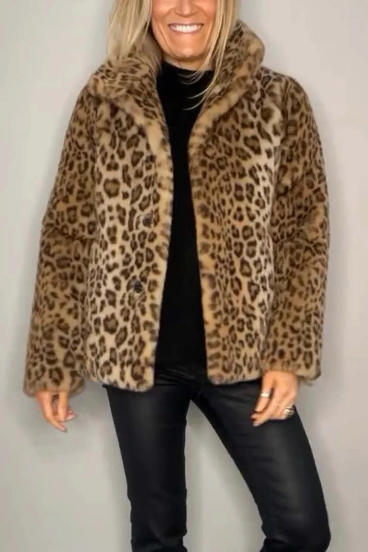 Winter New Women's Fashionable Leopard Print Lapel Faux Leather Woolen Top Layered Hem Design