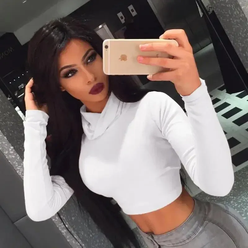 Women Turtleneck Crop Top Practical Style Sun Protection Fabric