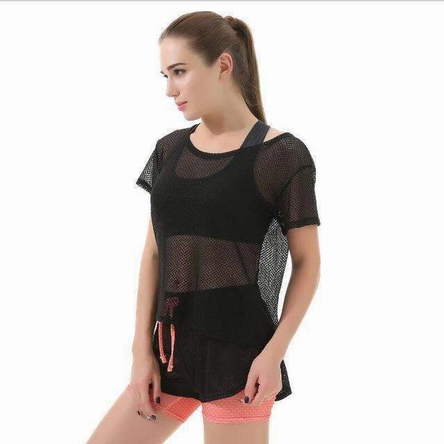 Preppy Women Black Short Sleeve Elastic Yoga Mesh Sports T Shirt Fitness Women's Gym Running Black Tops Tee Quick Dry Shirts