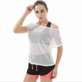 Sporty Look Women Black Short Sleeve Elastic Yoga Mesh Sports T Shirt Fitness Women's Gym Running Black Tops Tee Quick Dry Shirts
