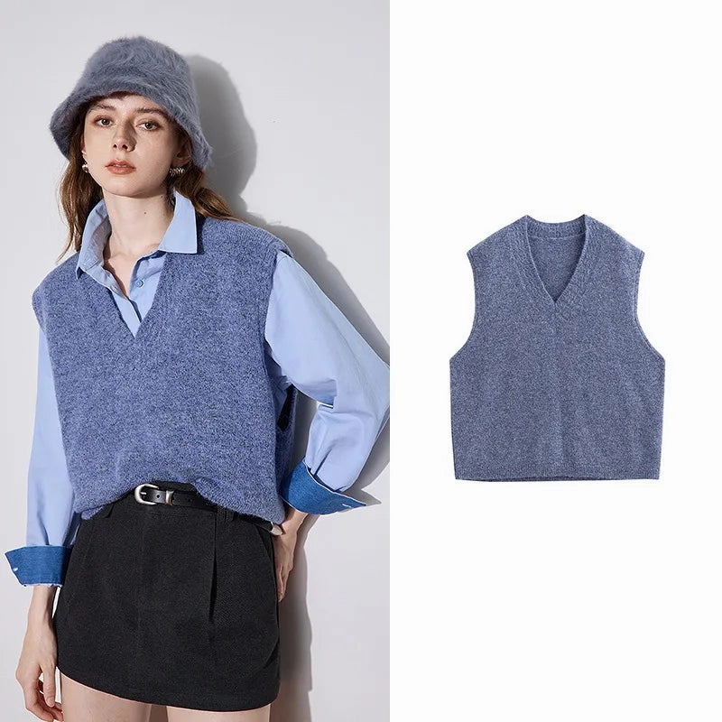 Women's Alpaca Wool V-Neck Sleeveless Knitted Sweater Flexible Waistband