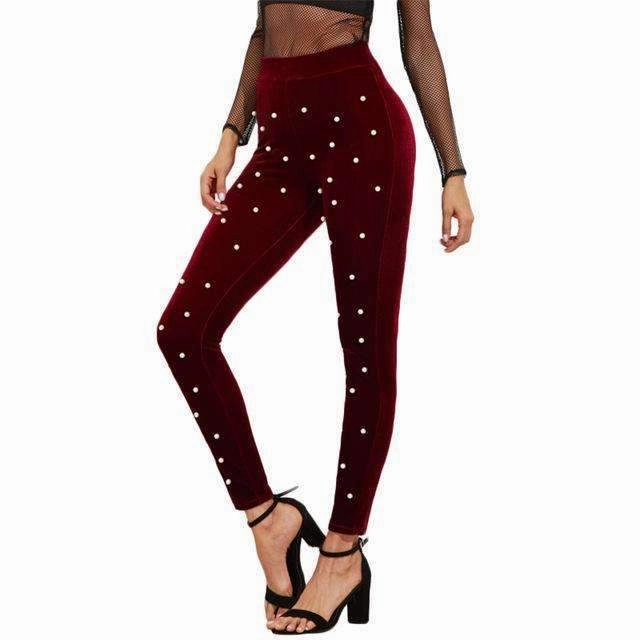 Anti-fungal Organization Women's Burgundy Pearl Velvet Detailed Leggings