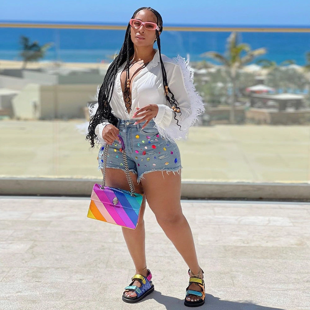 Day Off Fit Vintage Lover Teen Outfit Women's Casual Colorful Crystals Tassel Brushed Denim Shorts