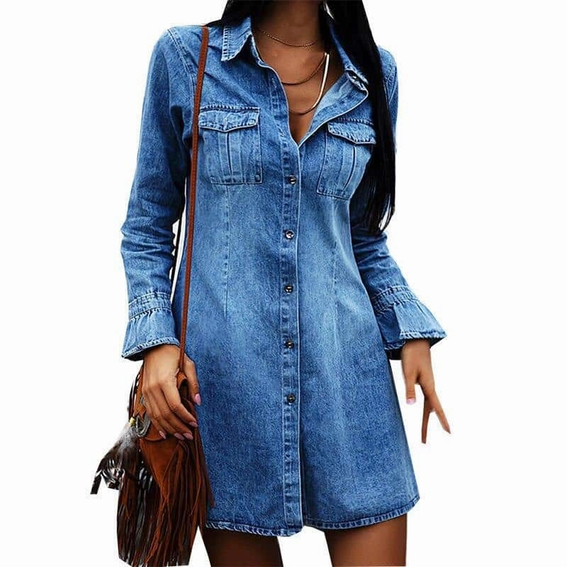 Refined Finish Women's Casual Style Denim Shirt Dress