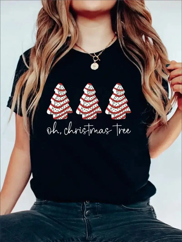 Women's Christmas Tree Print T-Shirt - Casual Crew Neck, Short Sleeve Top For Spring & Fall, Machine Washable, Ladies Christmas T Shirt Tassel accents Best-selling