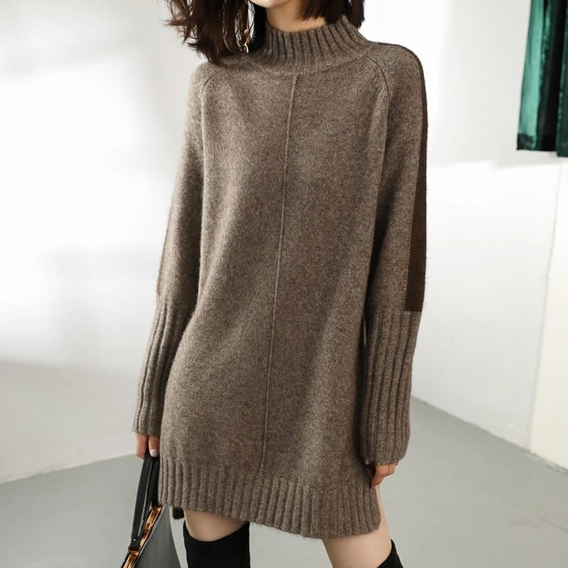 Cozy Balance Minimalist fit-and-flare Women's Contrast Sleeve Knitted Dress