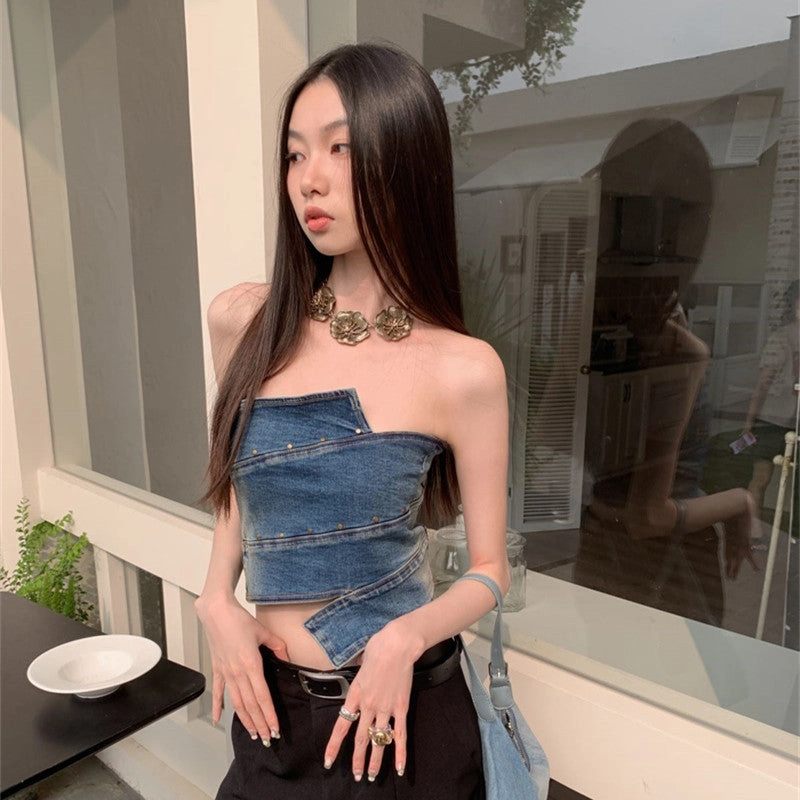 Trendy Fashion Plaid Design Women's Decorative Rivets Denim Vest Top