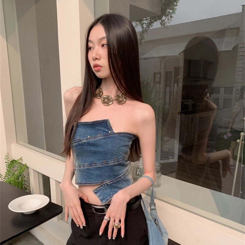 Women's Decorative Rivets Denim Vest Top No Slip Shoulder Grip