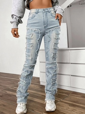 Women's Embroidered Straight-leg Pants Fashion I Stretch Patchwork Jeans Effortless casual