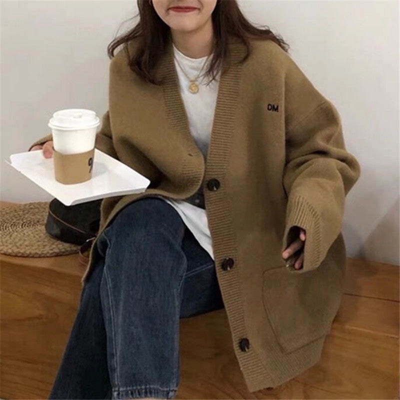 Women's Fashion Casual Solid Color Embroidery V-neck Sweater Coat Fashionable Knit Quick Dry Weave