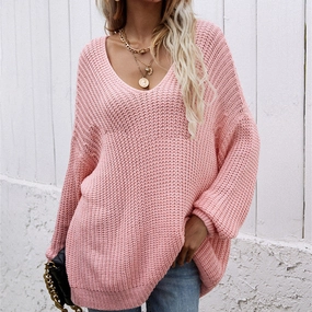 Women's Fashion Casual Solid Color Pullover V-neck Sweater All Season Knit