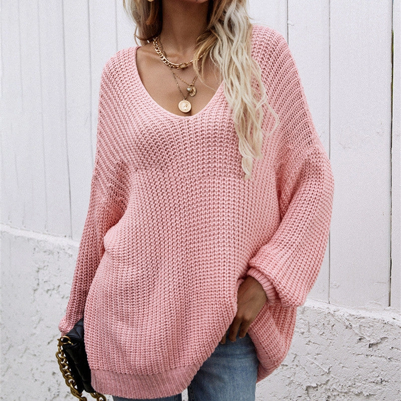 Women's Fashion Casual Solid Color Pullover V-neck Sweater Odor Resistant