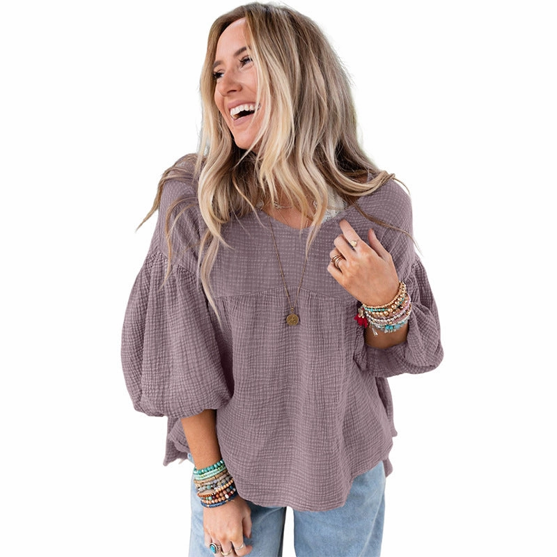 Women's Fashion Loose Pullover Puff Sleeve Top Cozy Comfort Wear