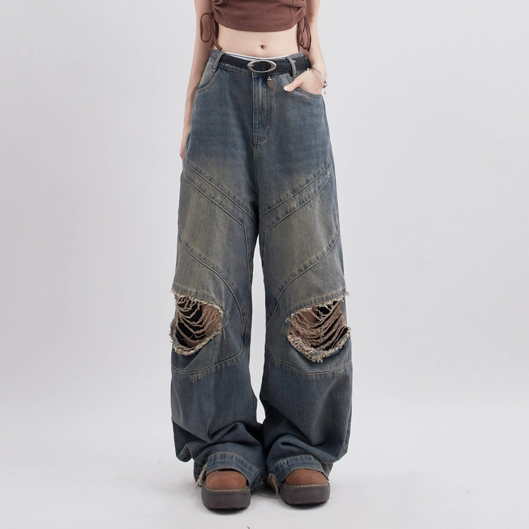 Women's Fashion Retro Characteristic Ripped Distressed Loose Casual Straight Trousers Low Maintenance Denim