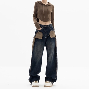 Festival Outfit Affordable Sunny Vibes Seamless Pocket Design Women's Fashion Retro Loose-fitting Straight Jeans