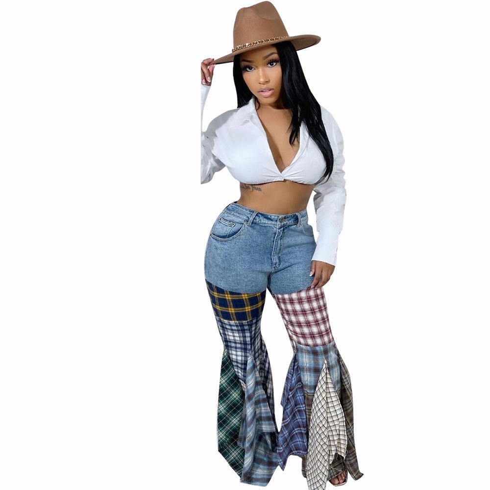 Women's Fashion Stitching Houndstooth Flared Denim Ruffled Trousers Active Wear