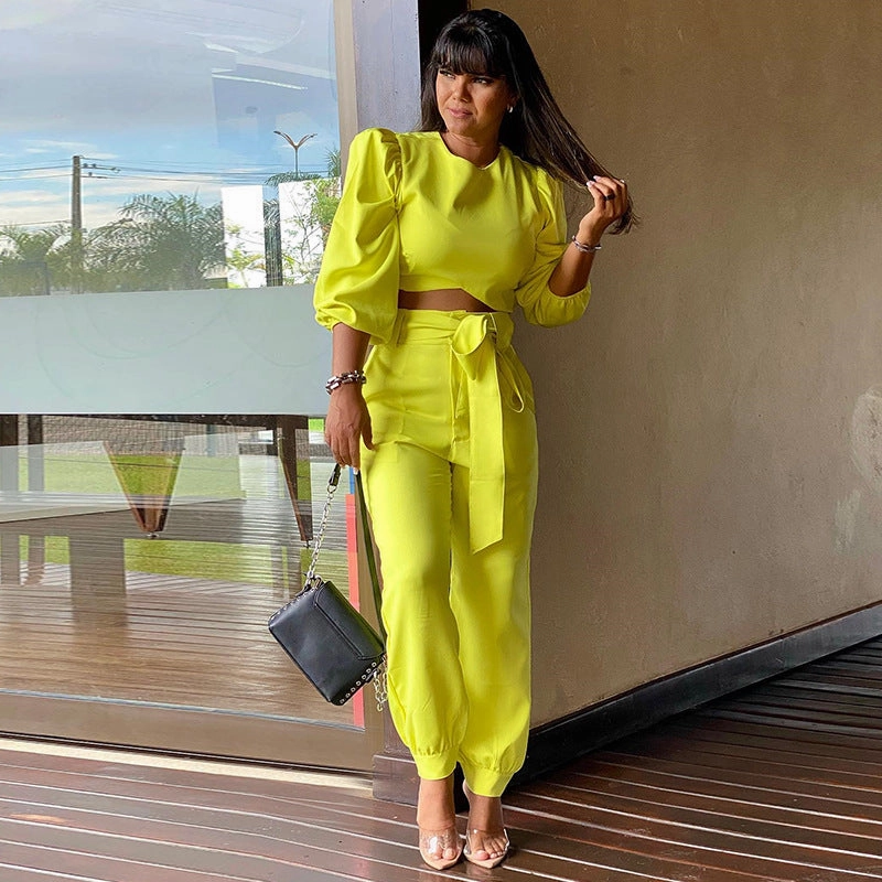 Office Street Women's Fashion Temperament Crew Neck Puff Sleeve Short Top Ankle Banded Pants Suit