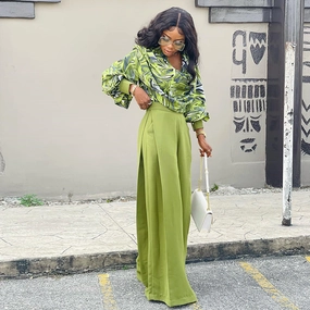 Party Stylish Relax Modern Women's Fashionable Printed Lantern Sleeve Shirt Wide-leg Suit