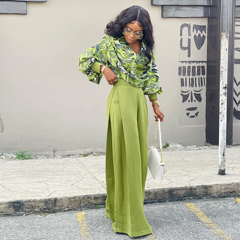 Women's Fashionable Printed Lantern Sleeve Shirt Wide-leg Suit Classic Vivid Indoor Classic