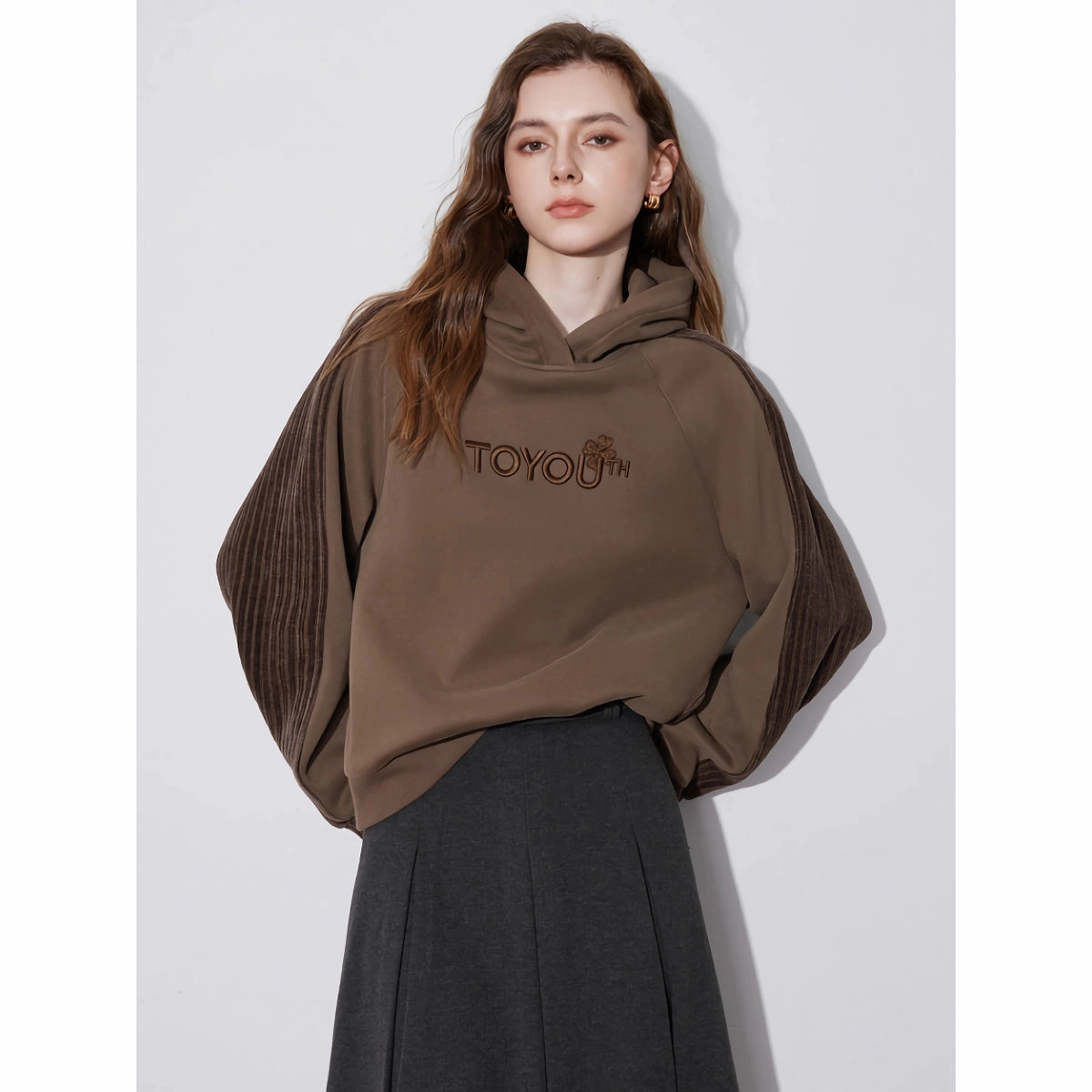 Flex Fit Velvet Touch Women??s Fleece Embroidered Splicing Hooded Pullover