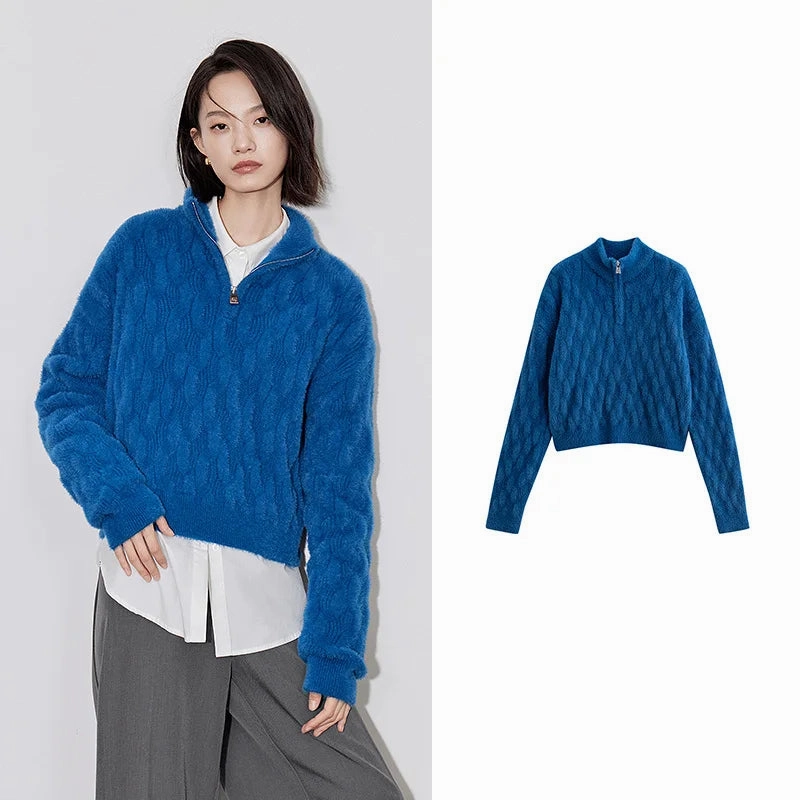 Winter Ready Knit Women's Grid Pattern Knitted Zipper Sweater